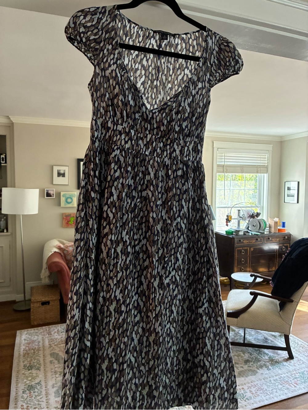 Women's Patterned V-Neck Midi Dress - navy blue, light blue and olive green